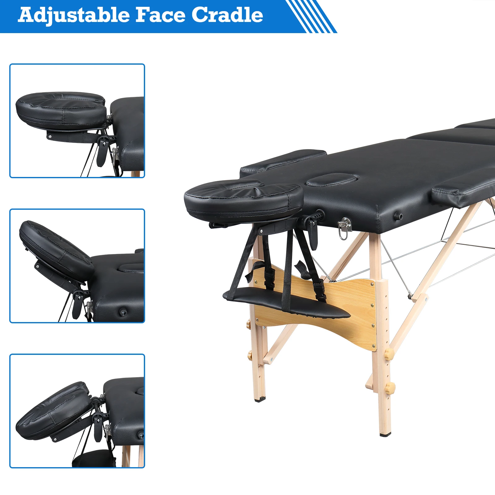 84 Inch 3 Sections Folding Portable Massage Table Beech Leg Beauty 60CM Wide Adjustable Height Massage Bed Black[US-Stock]