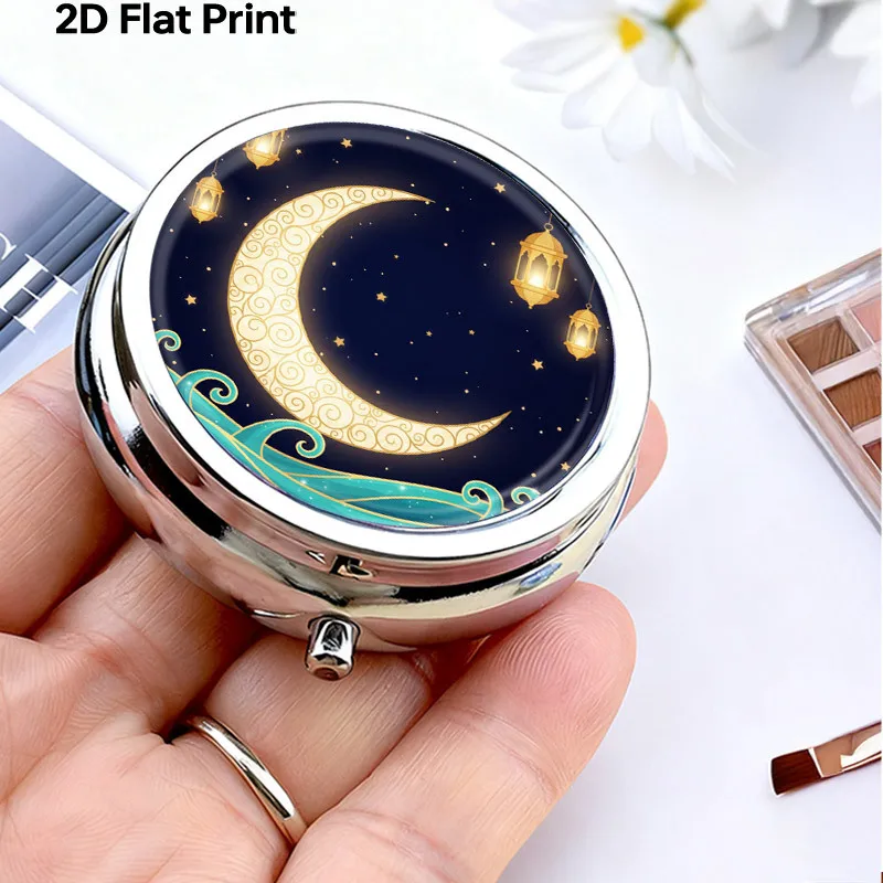 Metal Pill Box, Three-Compartment Small Pill Box, Portable Travel Pill Box, Vitamin Storage Box, Gold Moon and Star Lantern Design, Blue-Green Wave Pattern, Aesthetically Pleasing Design, Compact and Portable, Can Fit in a Pocket