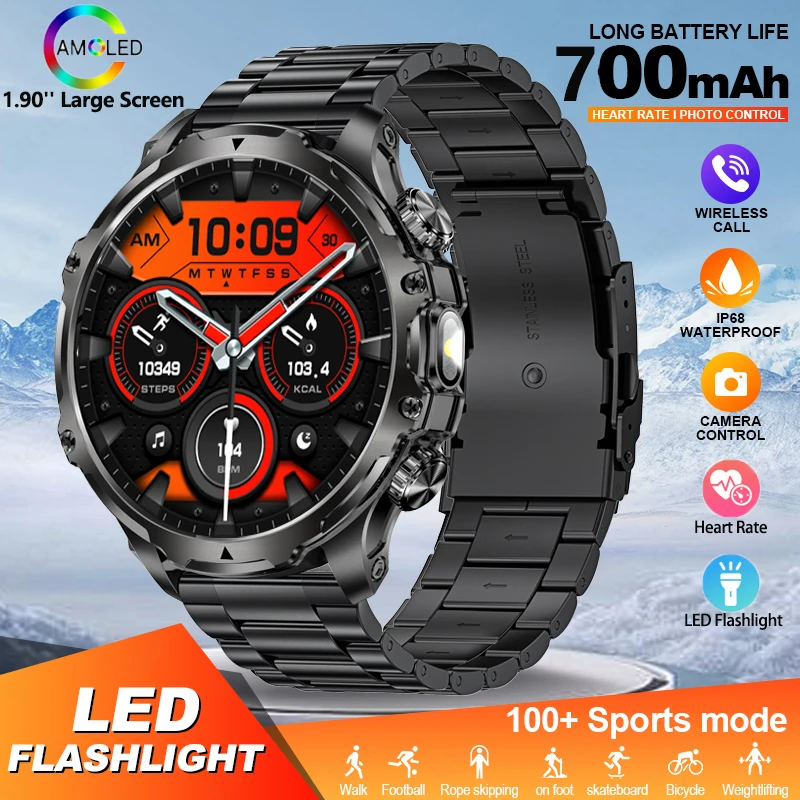 LIGE 2025 Outdoor Smart Watch Men 700mah Large Battery Military Watches Flashlight 1.9'' HD Bluetooth Call Sports Smartwatch Man