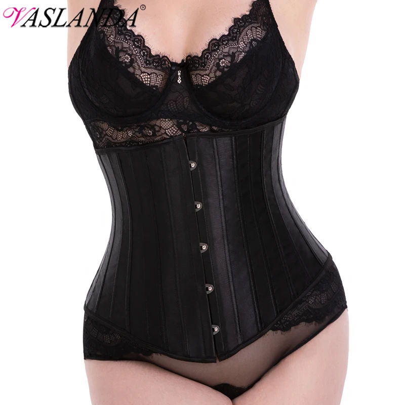 Bustiers & Corsets 24 Steel Boned Waist Trainer Corset Satin Lace Up Underbust Bustier Brocade Corselet Slimming Body Shaper