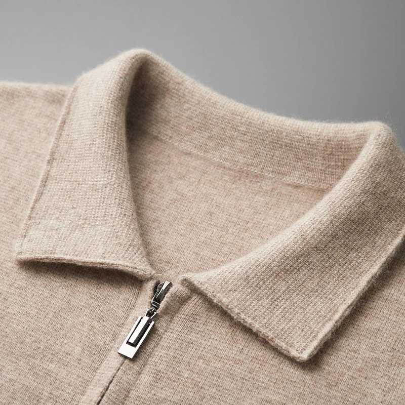 Autumn and Winter Men\'s Cardigan 100% Merino Wool Knitted Zippered Jacket Thickened Long Sleeved Men\'s Sweater Lapel Shirt