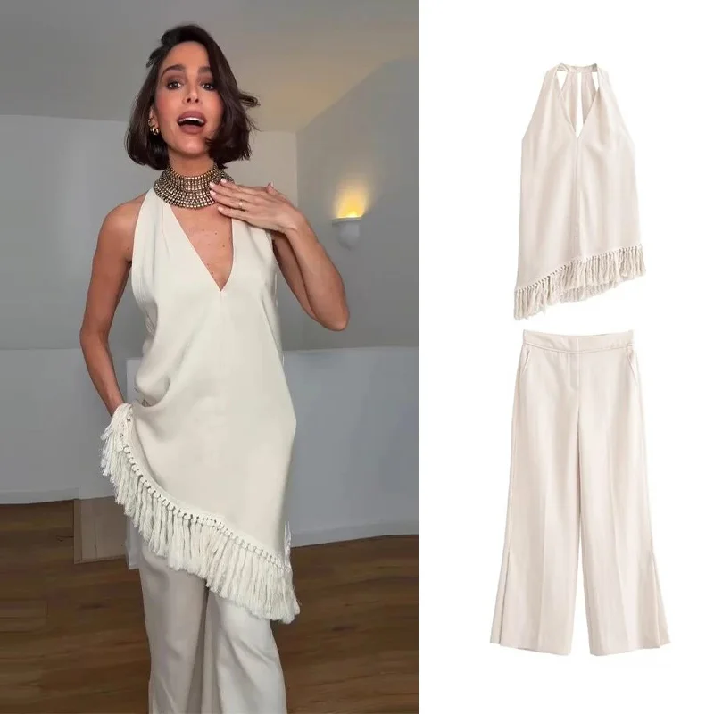 Schickes Fransen-Halter-Top und Hosenanzug für Damen, ärmellos, V-Ausschnitt, weite Beine, Damen-Set, Frühjahr/Sommer 2026, schicke Damen-Outfits