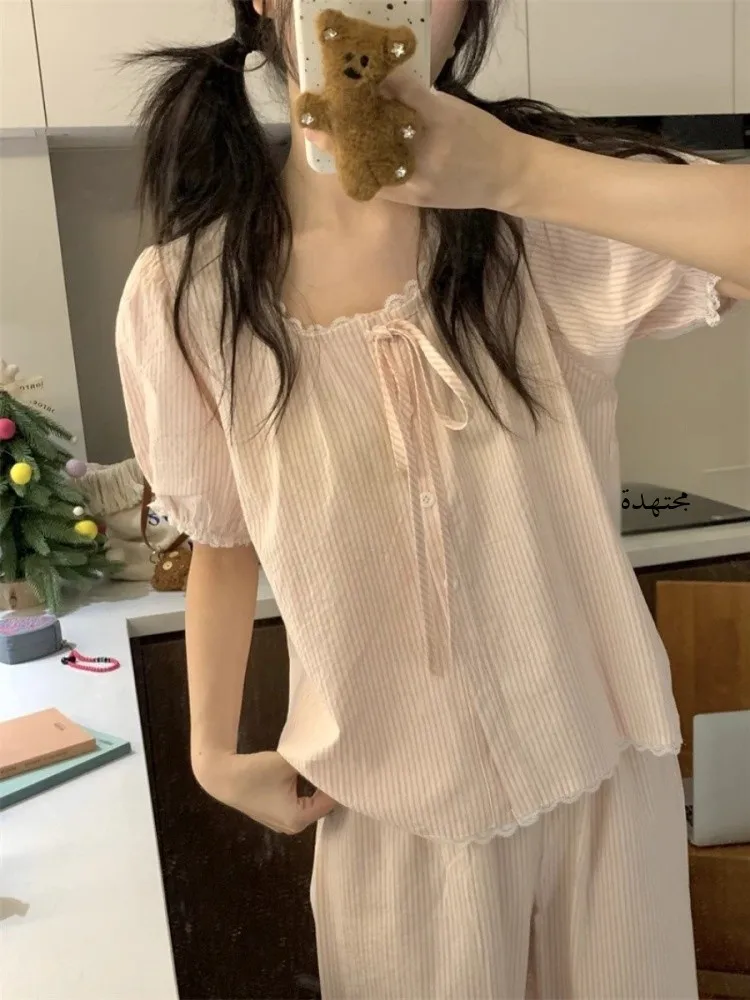

Summer Korean Sle Women's Spwear Thin ort Sve Long Pants Sweet Pink Lace Stripes Loose Home Clothes Set