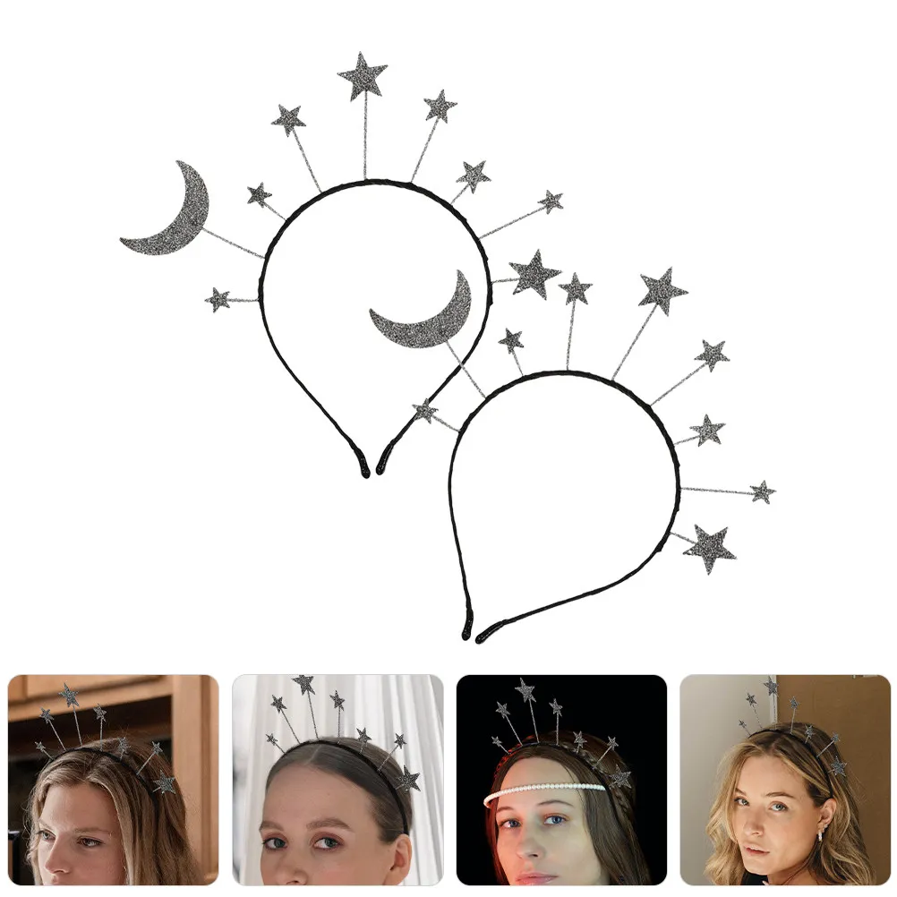 

2Pcs Star and Moon Headband Women Alloy Decorative Hair Hoop Chic Romantic Lightweight Fit All Head Sizes Stage Performance