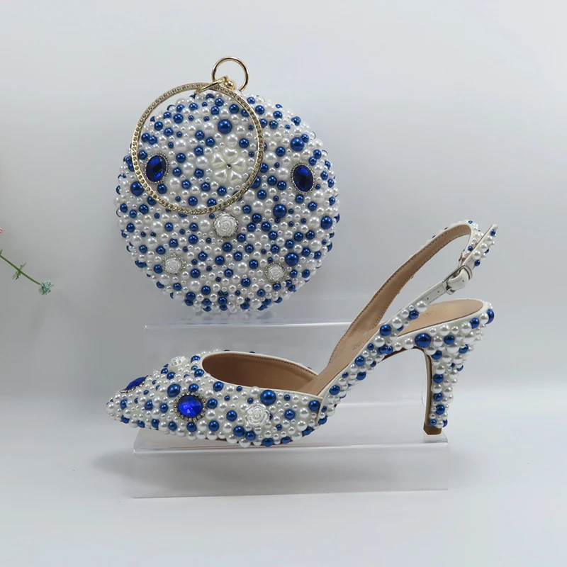 2024 nuovo arrivo Blue Pearl spike scarpe da festa femminili e borsa scarpe da sposa donna moda tacco sottile pompe alte poco profonde