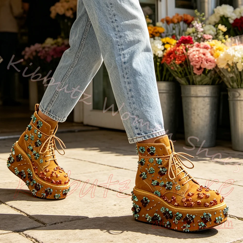 Sequin Floral Platform Ankle Boots Embellished Lace Up Women Horsehair Wedge Round Toe Runway Street Fashion Elegant Concise New