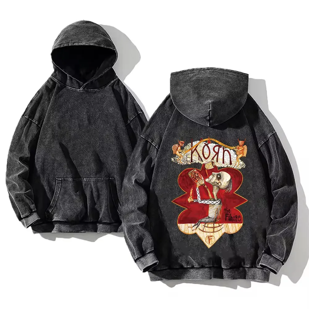 Korn Rock Band World Tour Hoodies Vintage Washed Men\'s Sweatshirts Cotton Hip Hop Streetwear Hooded Pullover Loose Y2K Tops