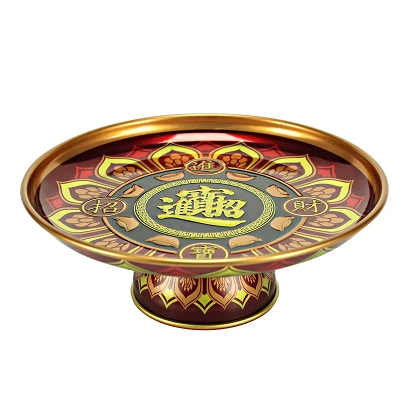 1pc Chinese Metal Fruit Dish Buddhist Supplies Tall Feet Tribute Plate Home Creativity Tray Decoration Buddha Hall Accessories