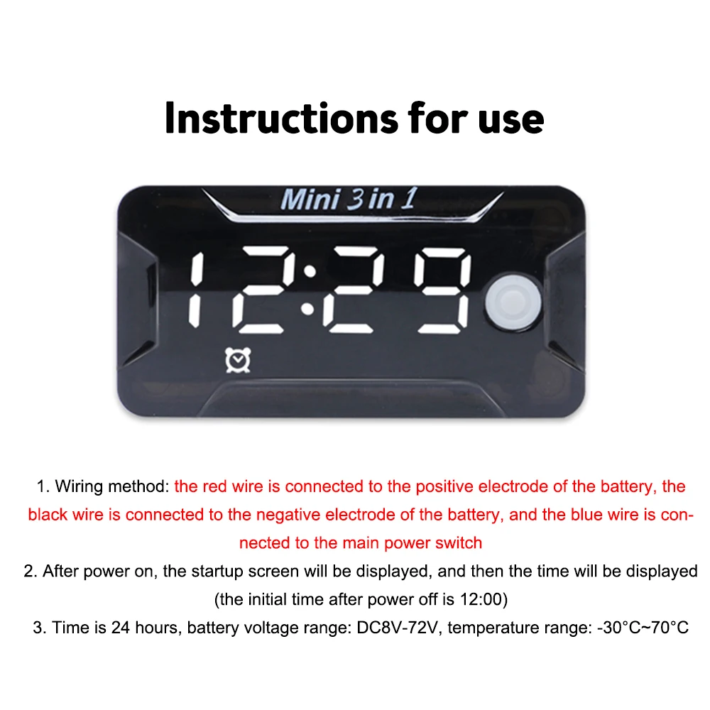 5729B Thermometer Time Voltmeter Watch 3 in 1 Motorcycle Car Electronic Watch Digital Clock Switching Digital Display Voltage