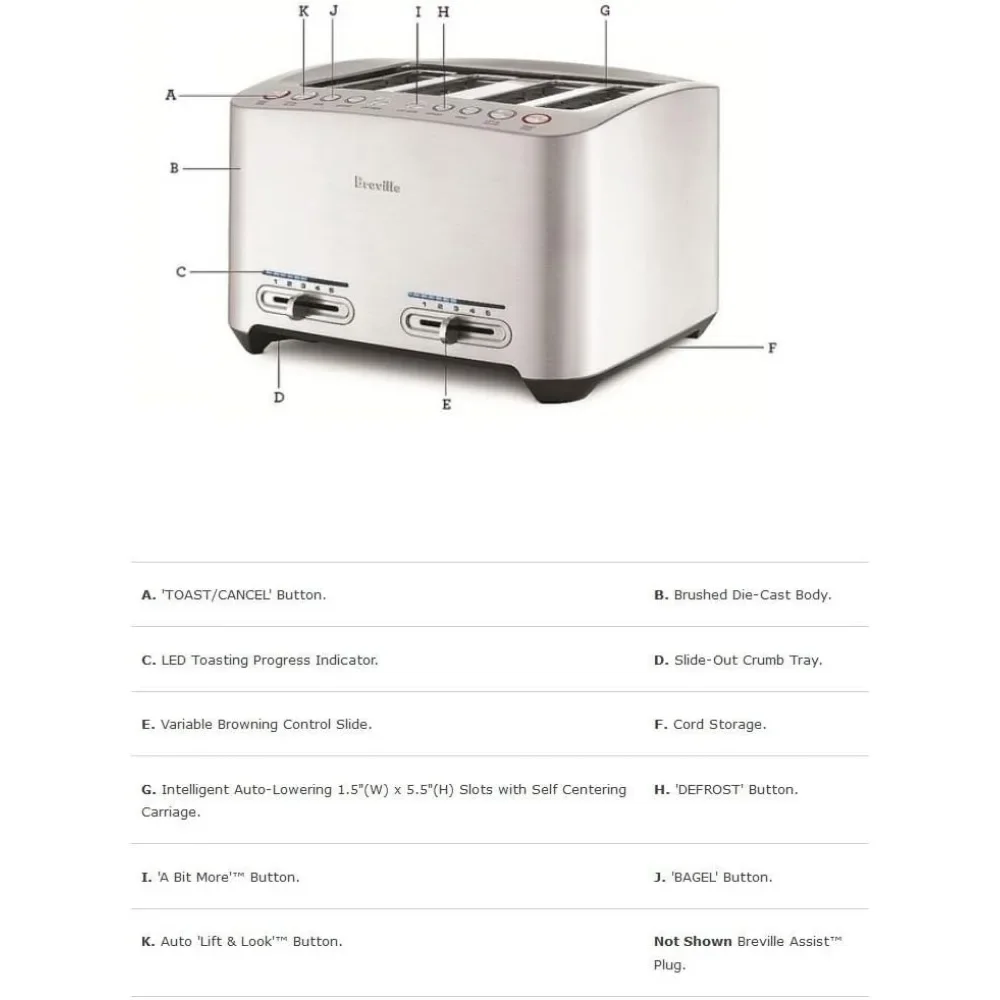 Breville-tostadora inteligente BTA840XL de 4 rebanadas, tostadora de acero inoxidable fundido a presión