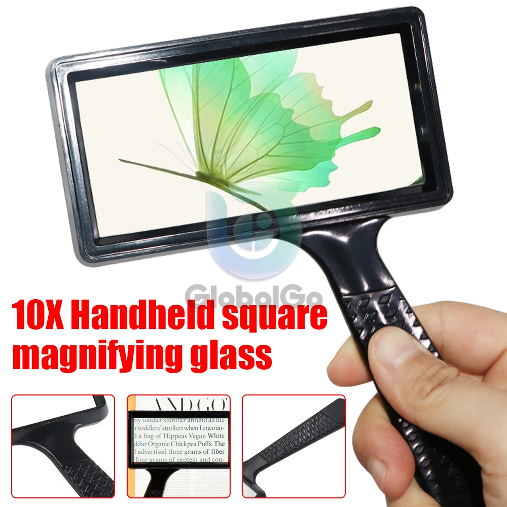 

10X Handheld Square Reading Magnifier Black Frame Ultra Thin Magnifying Glass Loupe 84026