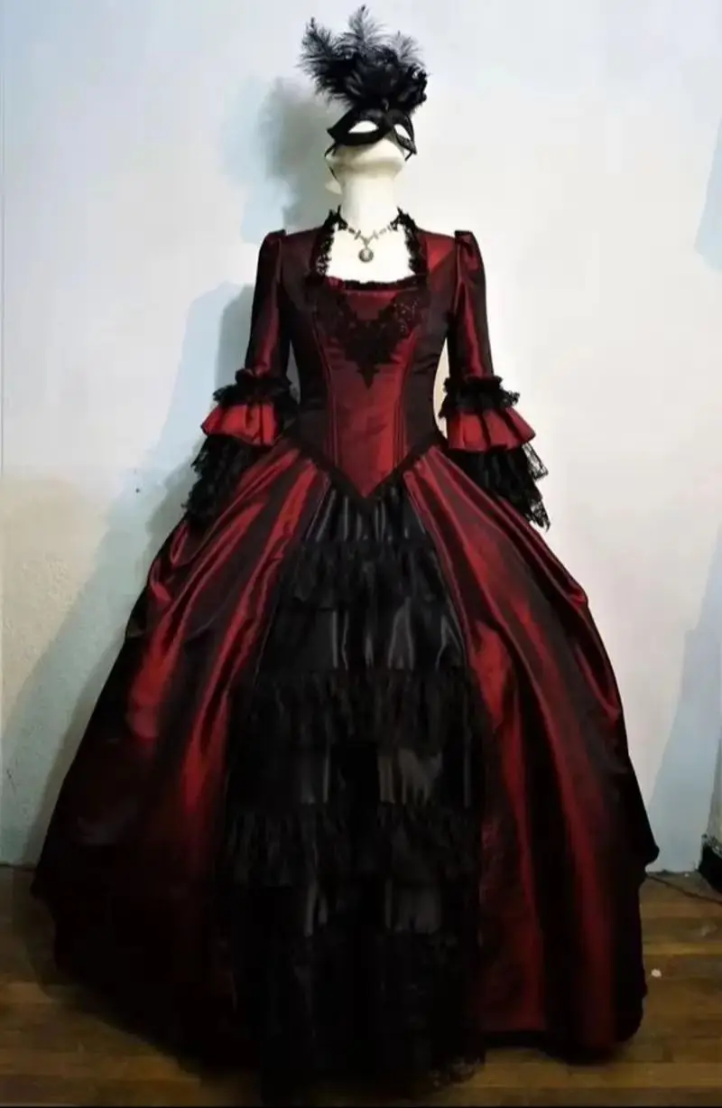 

Vintage Victorian Prom Dress Bell Long Sleeves Dark Red And Black Classic Masquerade Ball Gown Customized