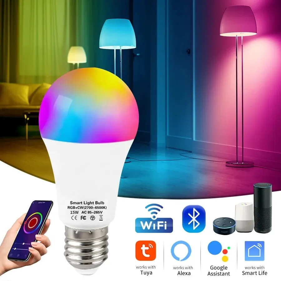 Tuya Bluetooth WiFi Smart Light Bulbs E27 LED Lamp RGB Smart Bulb 15W Smart Life APP Voice Control With Alexa Alice Google Home