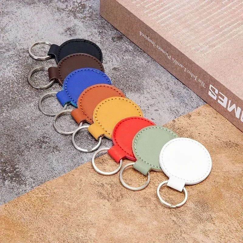 Custom LOGO PU Leather Round Keychain for Men and Women Car Key Chain Ring Gift Laser Engrave Personalized Keyring Blank
