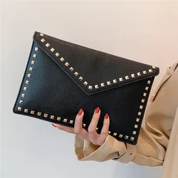 Bolso de mano de cuero PU con remaches para mujer, bolso de mano femenino, femenino bolso de mano, bolso de sobre de diseño de marca, bolso de cena de lujo para fiesta