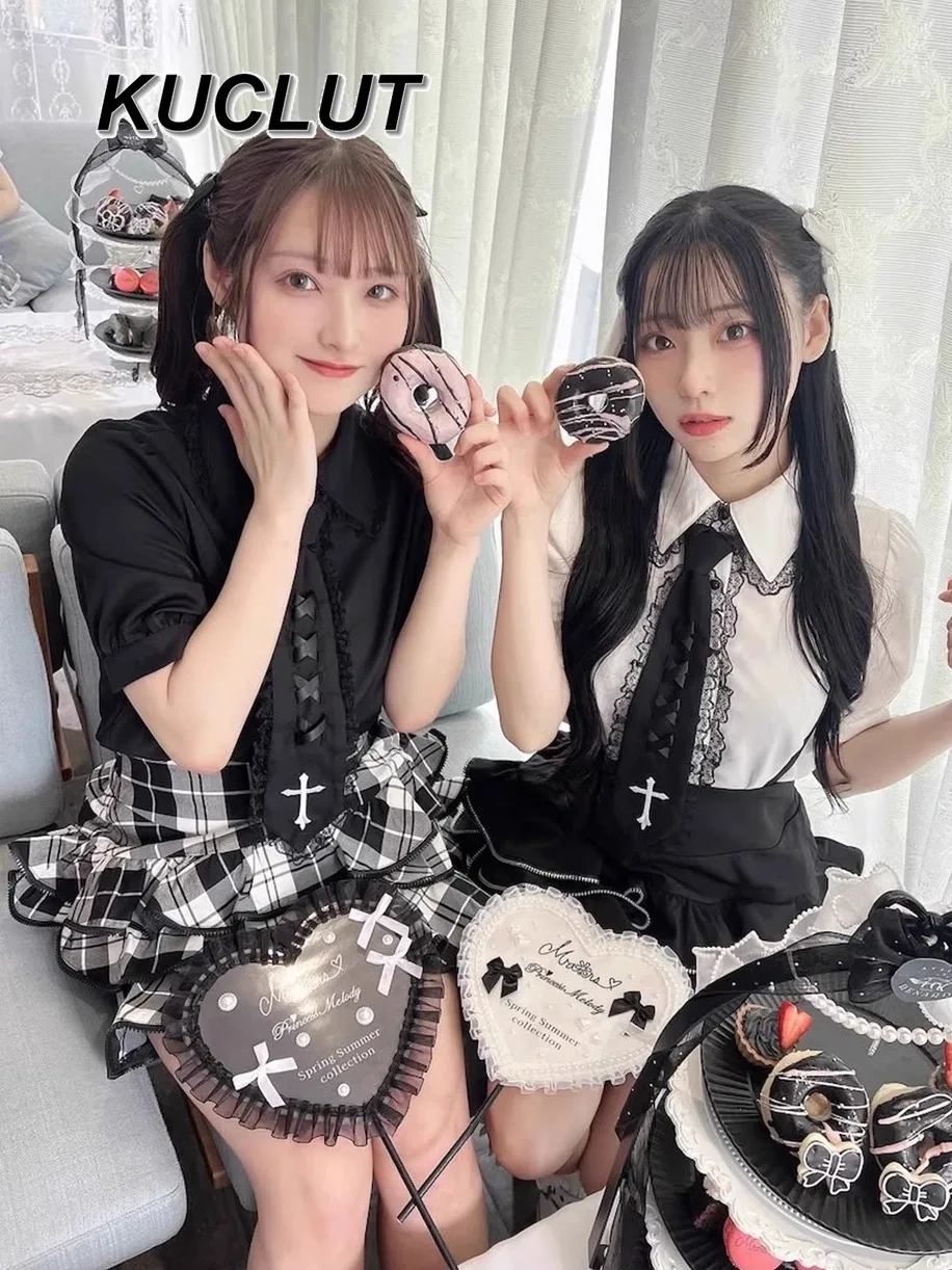 Japanese Mine Lace Collar Small Tie Short Sleeve Shirt Goth Shirts Y2k Top Ruffle Edge Puffy Strap Short Skirt Culottes Set Girl