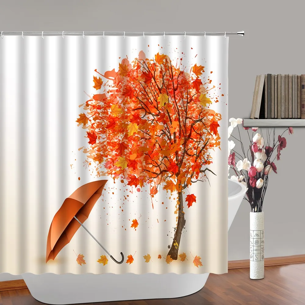 

Autumn Maple Leaves Tree Shower Curtain Fall Thanksgiving Umbrella Natural Scenery Fabric Bathroom Decor Curtains Sets with Hook