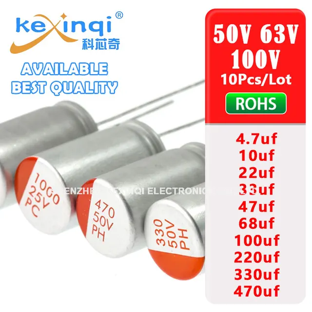 10 sztuk 50V 63V 100V Przewodzące polimerowe aluminiowe kondensatory elektrolityczne 4.7/10/22/33/47/68/100/220/330/470uf