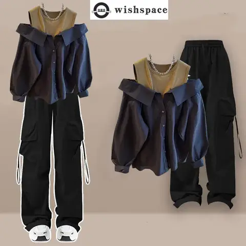 Spring and Autumn Collection Women's New Korean Edition Skinny Fake Two Piece Top Waist Cinched Work Pants Two Piece Set