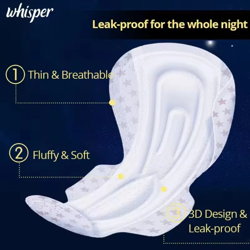 Whisper Ultra Thin Ultra Long Nighttime Tampons 400mm Fitted 6-Pack Tampons Comfortable Sleep, Anti-Side Leakage