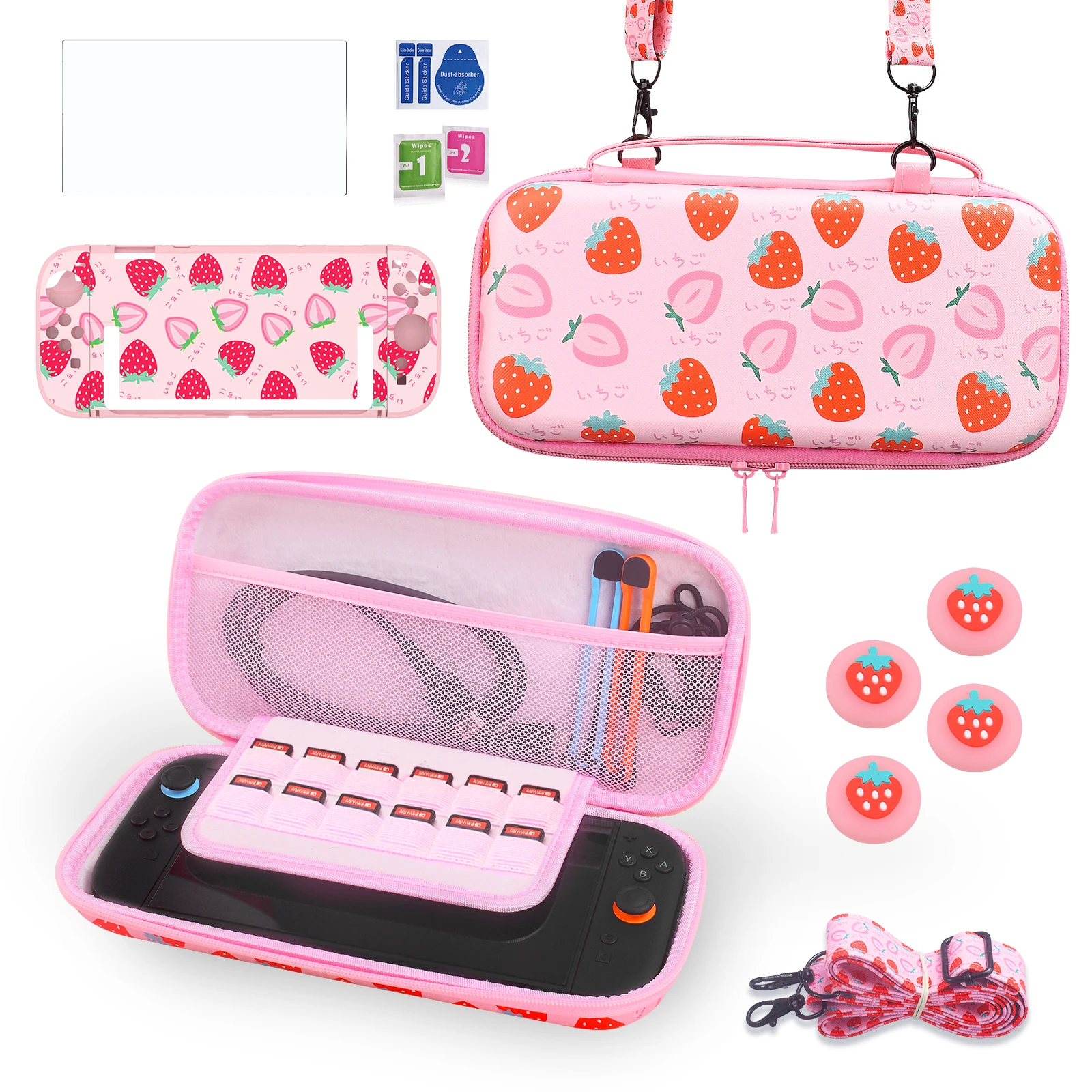 Strawberry Storage Bag Bundle for Nintendo Switch 2 Carrying Case Hard Shell Protective Case with 10 Games Slot for Girls Gift