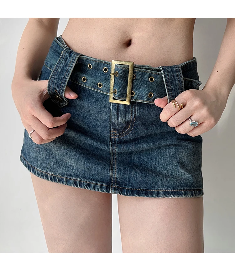 Vintage Denim Mini Skirt Streetwear Belt High Waist A Line Wrap Hip Jeans Skirts Sexy Y2k Korean All Match Female Blue Black