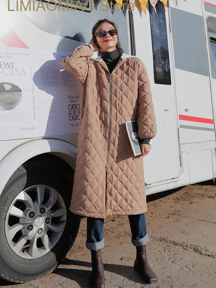 Chaqueta larga de algodón con capucha para mujer, abrigo frío de Color sólido, camisa de celosía de diamantes, abrigos para Parkas, ropa femenina,