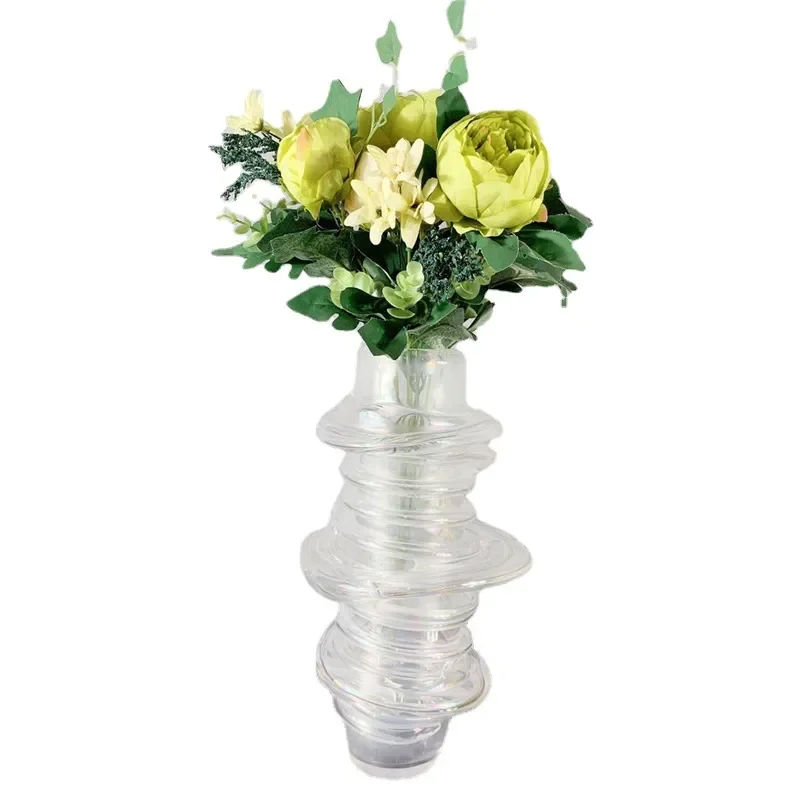 Modern Colorful Spiral Glass Vase European Style Home Decor Ornament for Living Room Table Centerpiece Soft Decoration