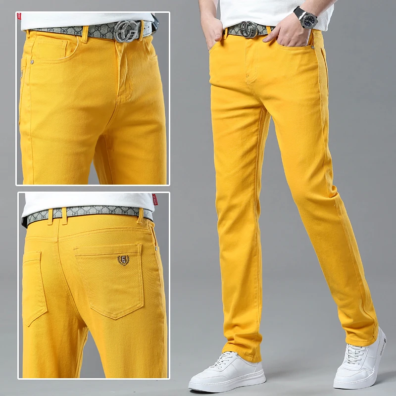 クラシックスタイルメンズレギュラーフィットピンクレッドイエロージーンズビジネスファッションデニム高度なストレッチコットンパンツ男性ブランドパンツ