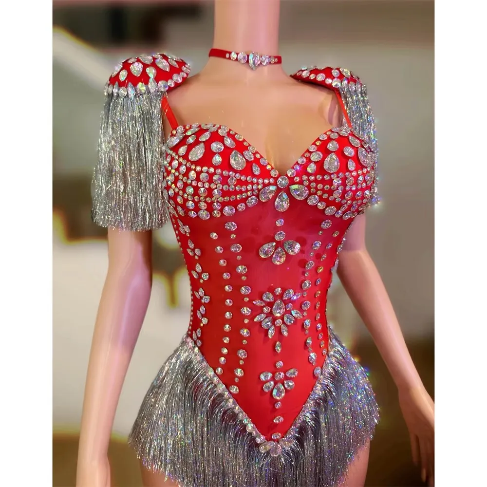 Body con nappe con strass rossi Donna Bar sexy Discoteca Abbigliamento da palcoscenico Abiti da performance jazz Drag Queen Costume Show Ballerino Team