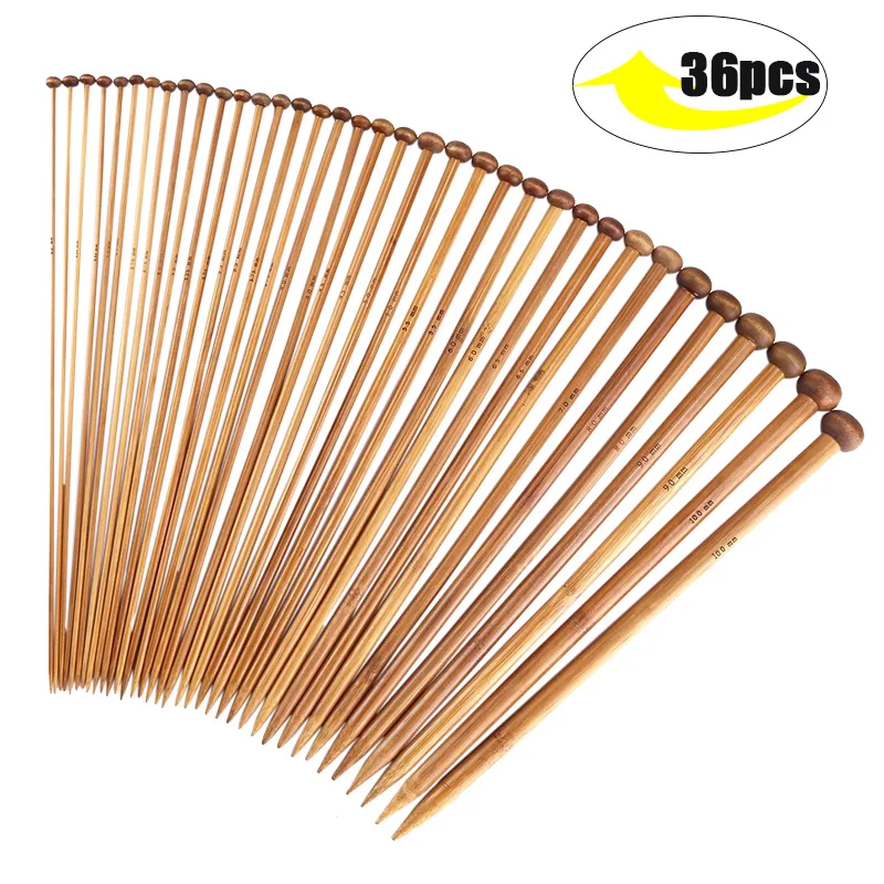 36PCS/1Set Sweater Needle Single Pointed Bamboo Knitting Needles 35cm Knitting Needles Set Knitting Kit 2.0-10.0mm Knitted Tools