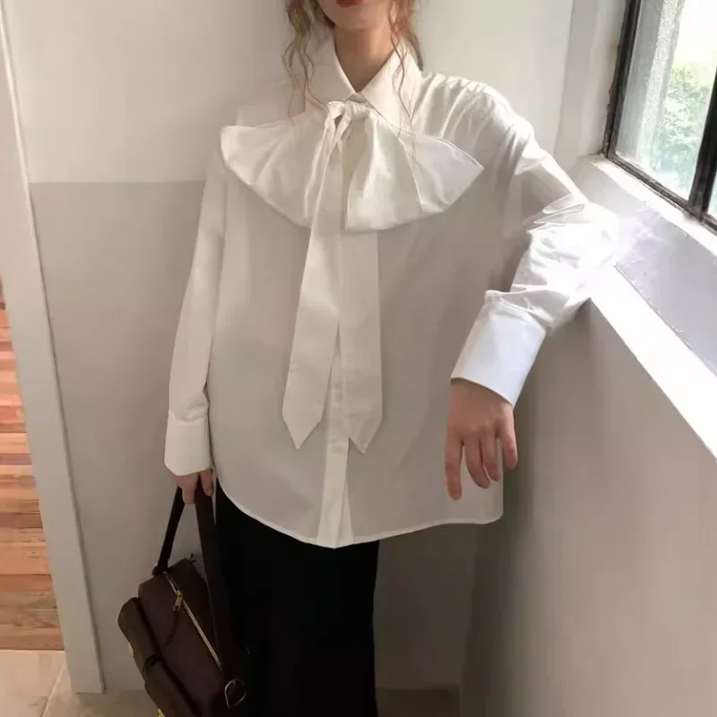 Women Autumn French Girl Sweet Bow Shirt Long Sleeve Loose Basic Elegant Vintage Wine White Pink Blue Black Shirt Female