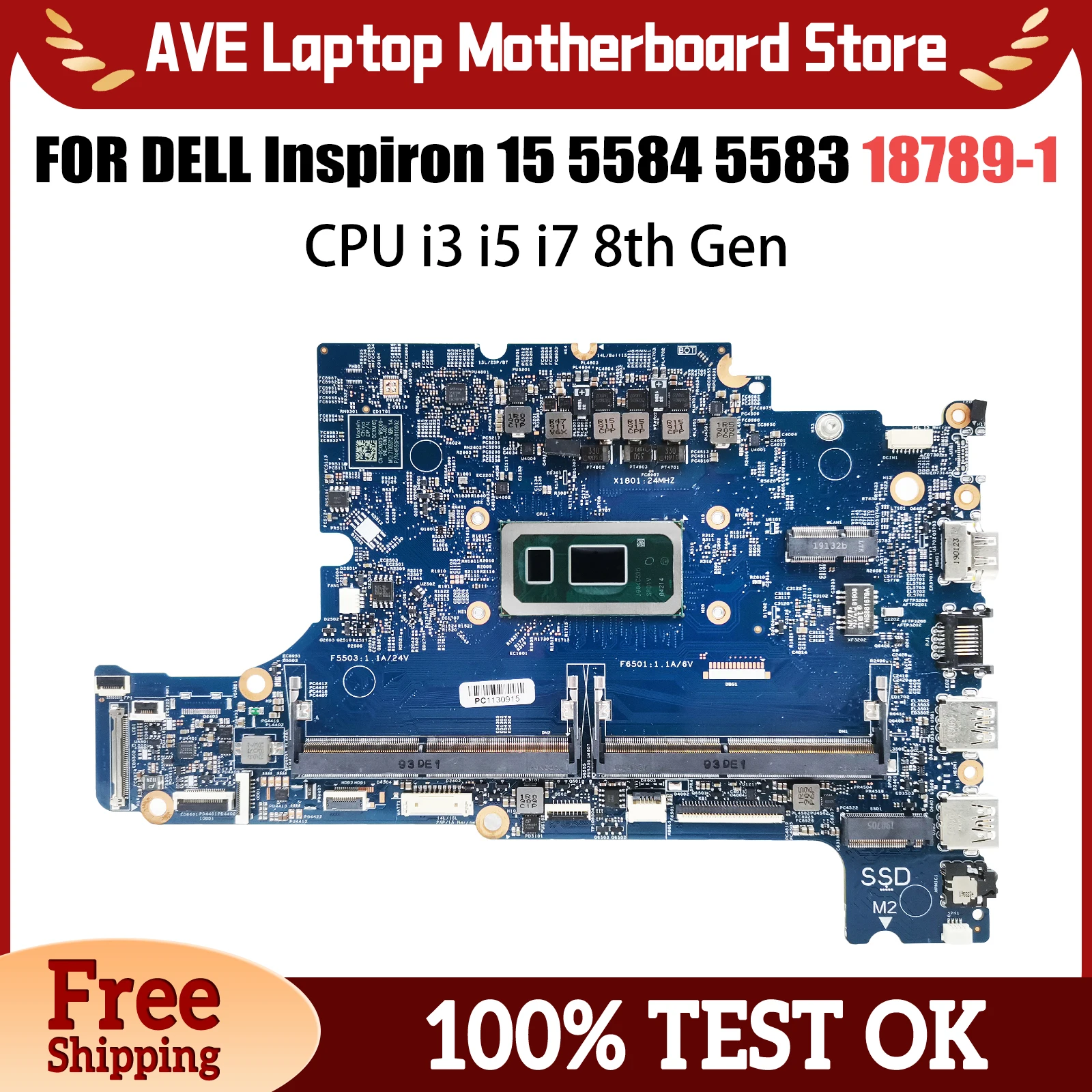 Laptop Motherboard For Dell Inspiron 15 5583 5584 18789-1 0CXMX0 0F62D6 Computer Mainboard With i3 8145U i5 8265U i7 8565U CPU