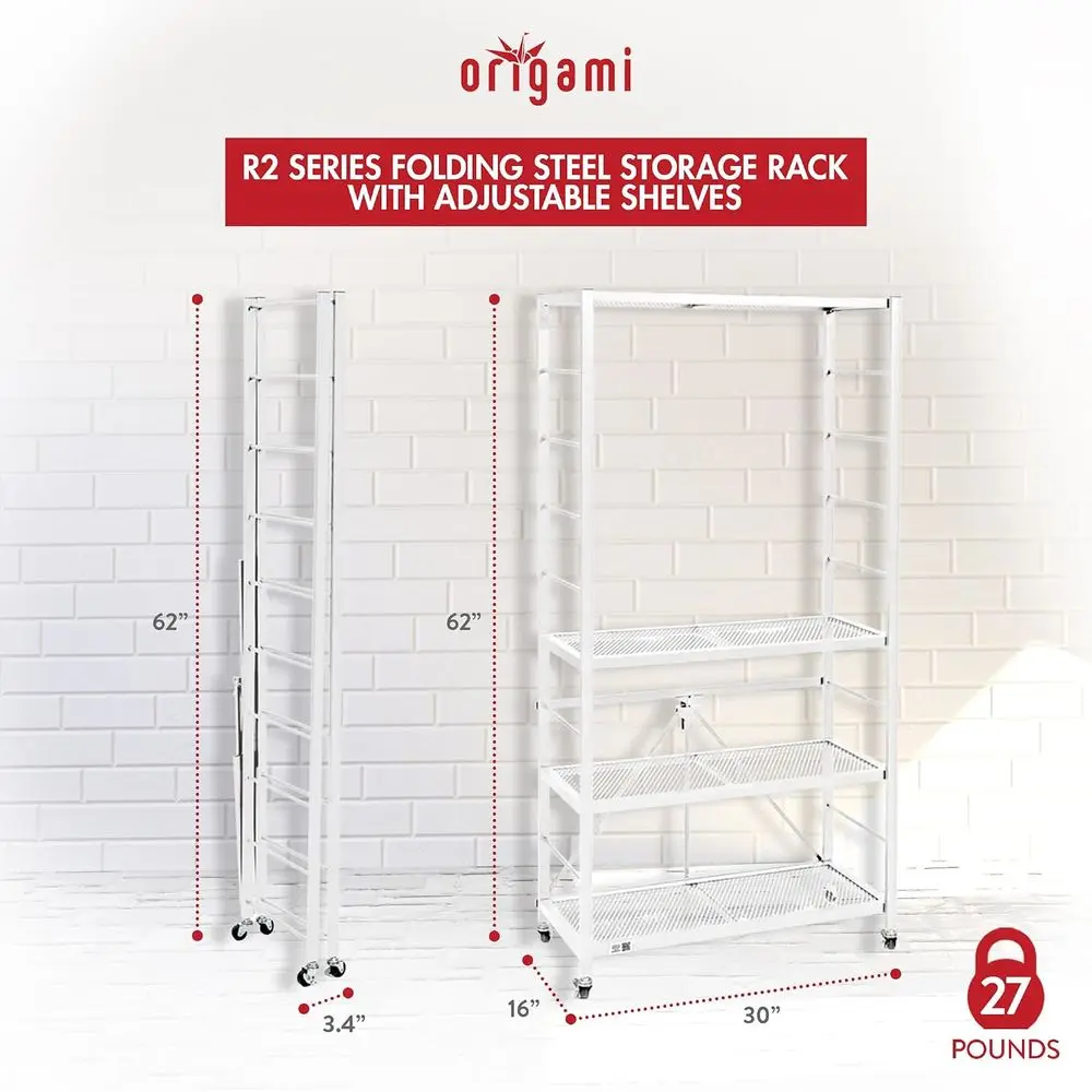 Origami 4-Tier olding Storage Shelves, Heavy Duty Garage Shel Rack Unit w/Wheels, White