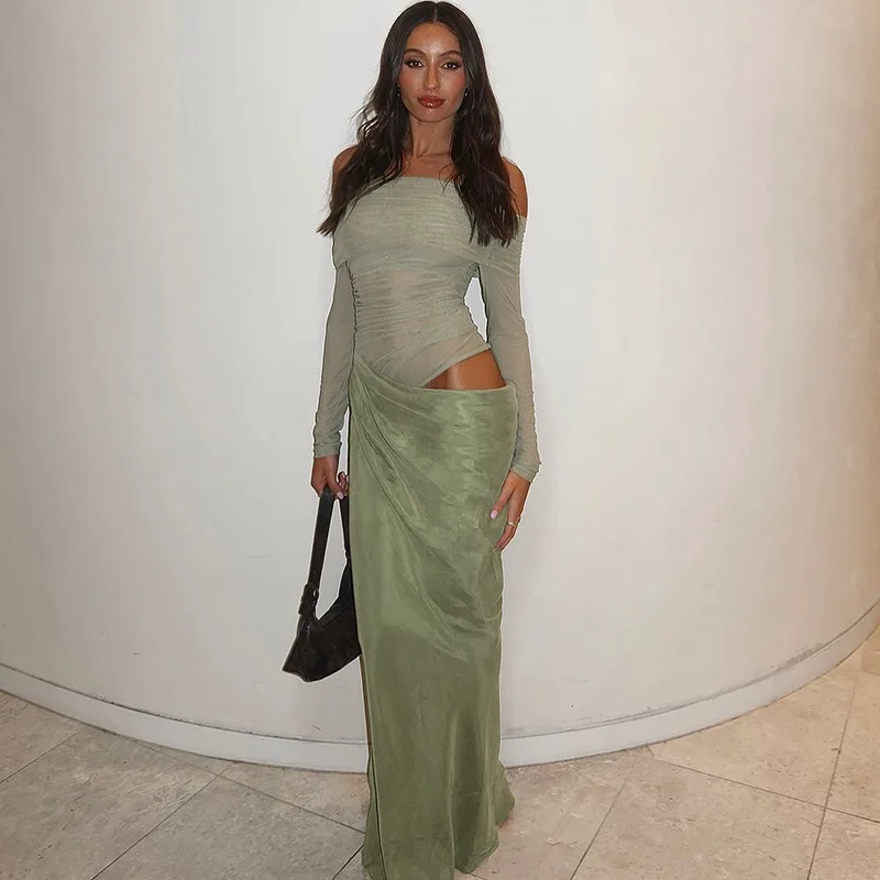 

Summer New Long Dress With Sexy One Shoulder Mesh Hollow Dress