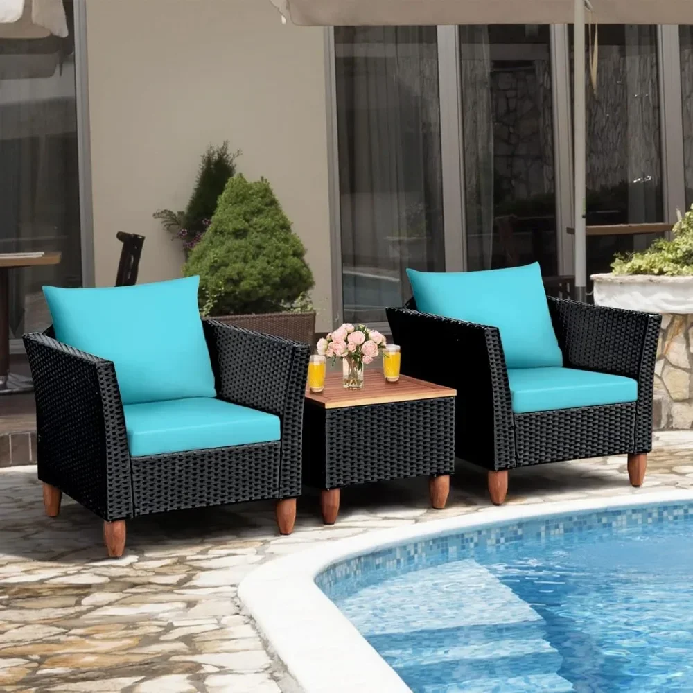 3 Piece Patio Furniture Set, Patiojoy Outdoor Wicker Rattan Bistro Sofa Set w/Washable Cushion, Acacia Wood Top Coffee Table