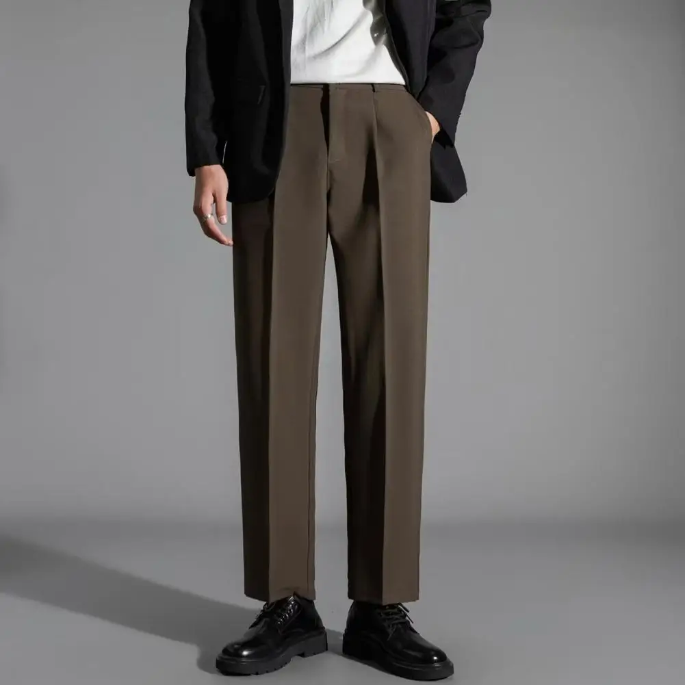 Pantalones de traje elegantes para hombre, pantalones de traje con cordón, cierre de cremallera con botón, pantalones de pierna recta, Color sólido para Formal