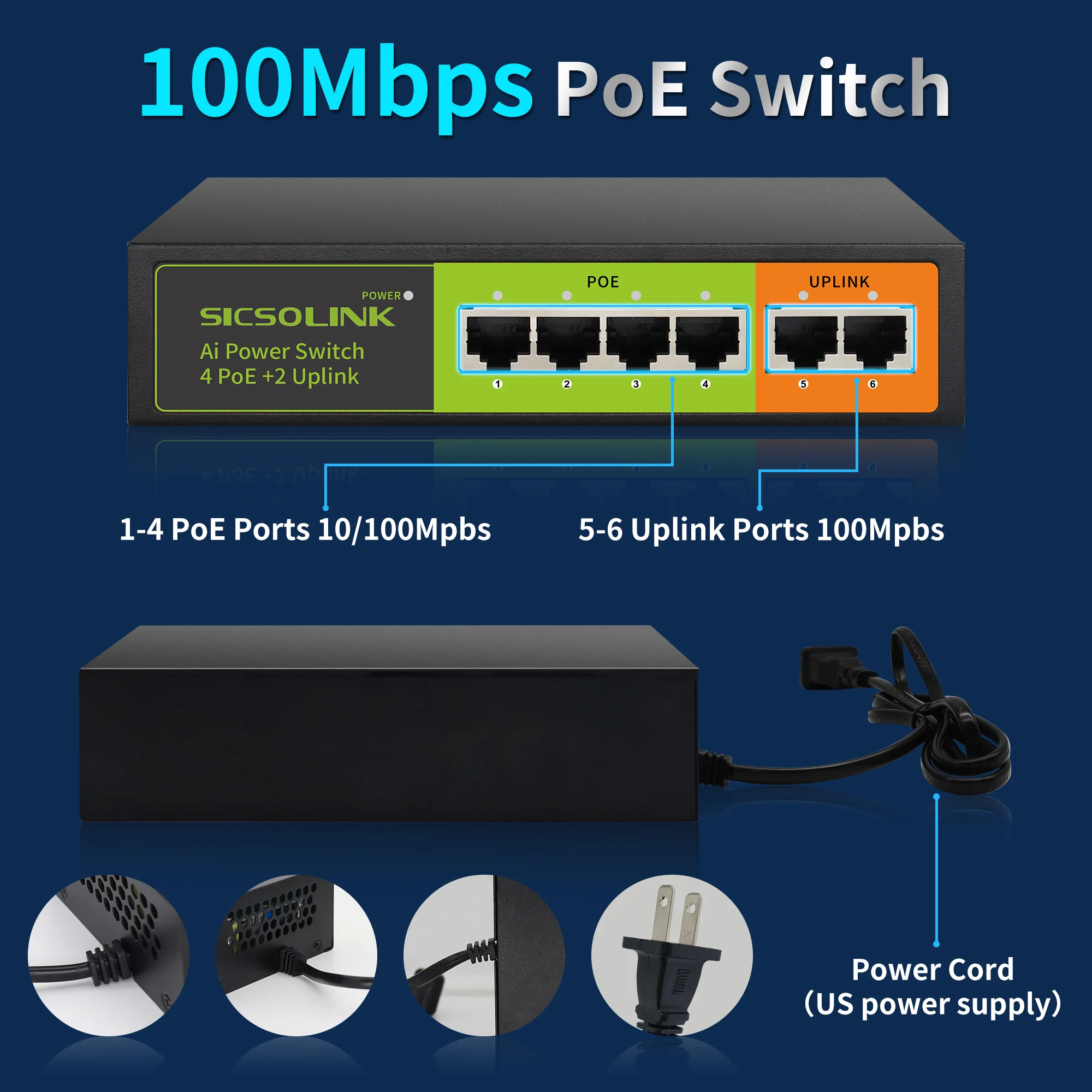 Коммутатор AI Smart 10/6 портов PoE +, 2 Uplinks,802.3af/at, общая мощность 120 Вт, 10/100/1000/Мбит/с, неуправляемый, без вентилятора