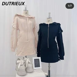 Japanese Style Sweet Girls Lacework Hooded Sweatshirt Dress Spring and Autumn New Long Sleeve Solid Color Zipper Dresses