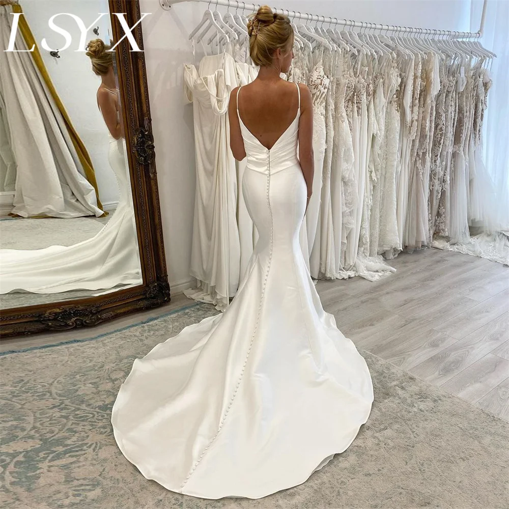 LSYX Simple V-Neck Sleeveless Satin Pleats White Mermaid Wedding Dress Open Back Court Train Bridal Gown Custom Made