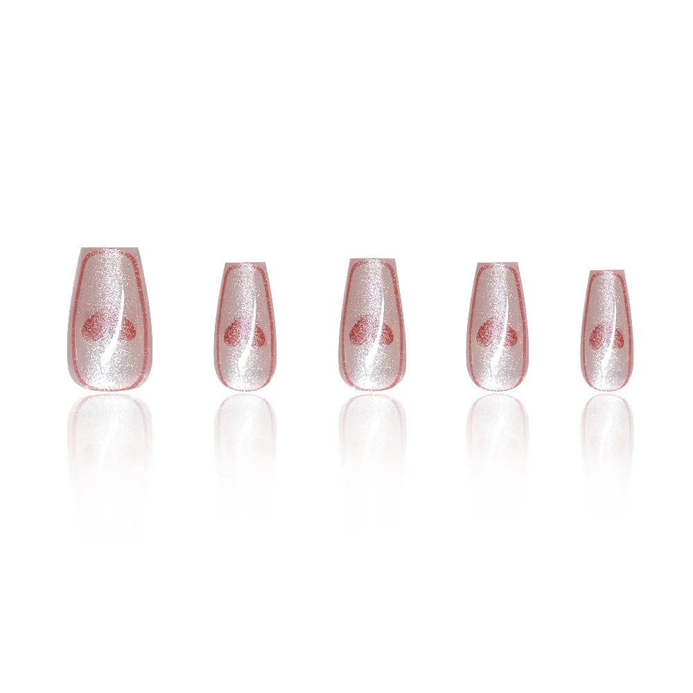 10pcs Handmade Press on Nails Pink Cay Eye Fake Nails with Red Heart French False Nails Patches Wearable Ballerina Nail Art Tips