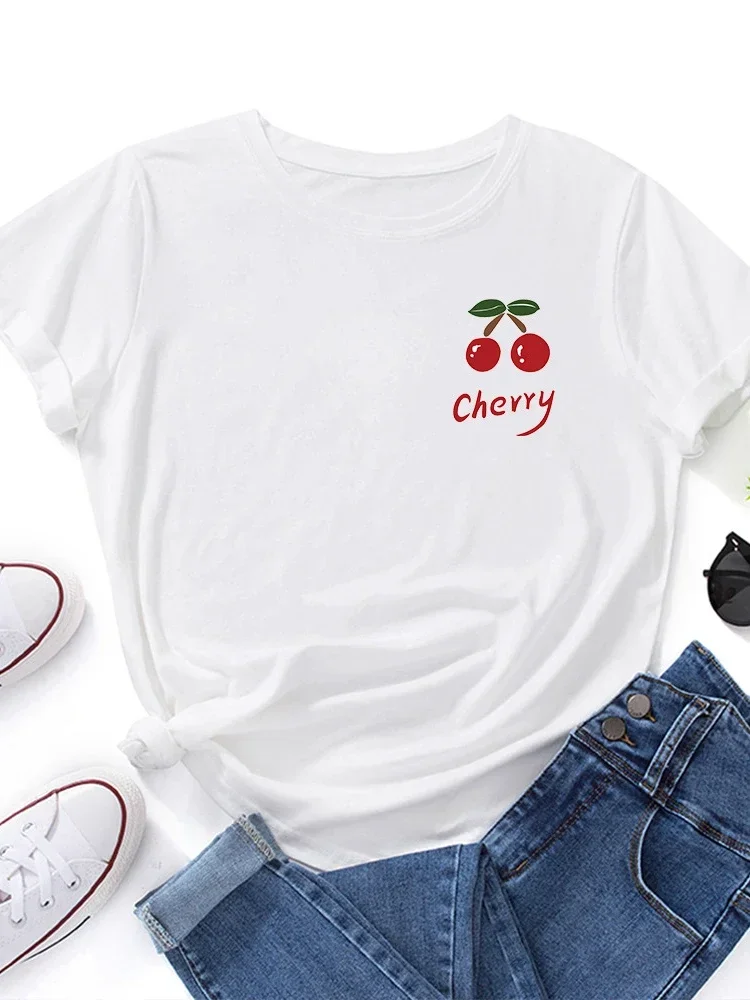 Camiseta feminina com estampa de cereja vermelha e peito manga curta gola redonda camiseta feminina