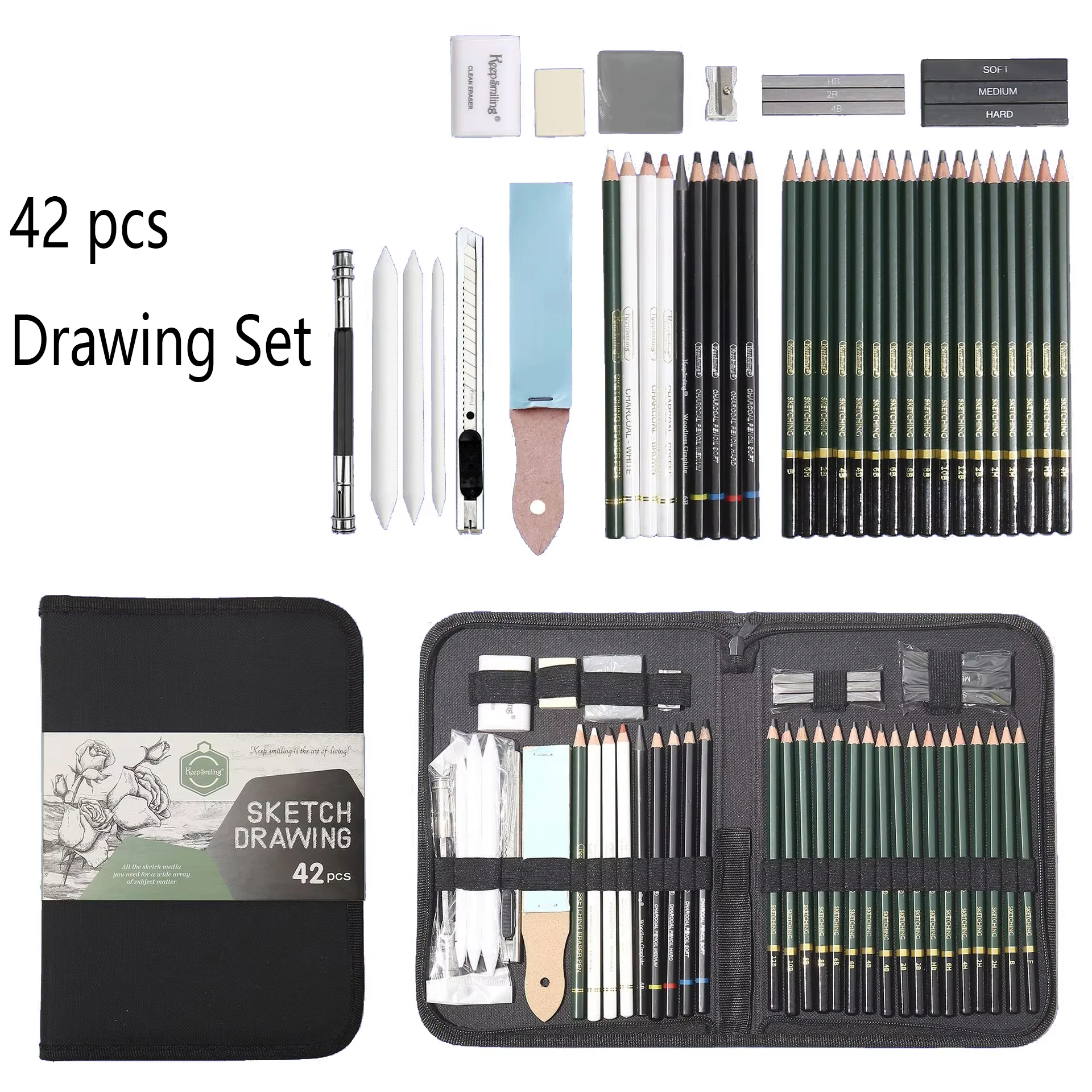 

42pcs Drawing Sketching Set Professional Sketch HB Pencil Carry Case Art Supplies Drawing Kit Graphite Charcoal Stick Tool