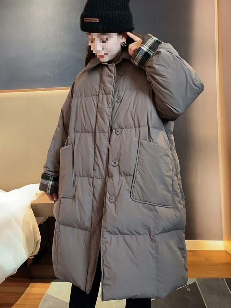 Winter Long Splice Cloak Down Jacket Female Single Breasted Knee Length Jackets Women White Duck Down Big Pocket Parker Outwears