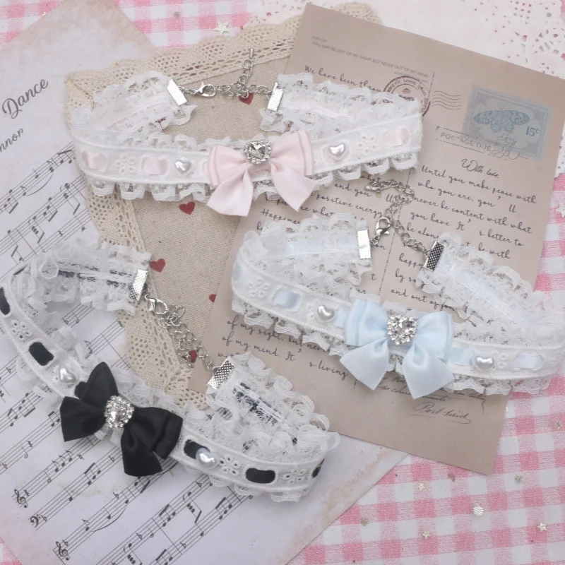 

Japanese Style Handmade Cotton Lace Belt-Loop Accessories Bow Necklace Rhinestone Kawaii Chyer Stickers Choker for Women