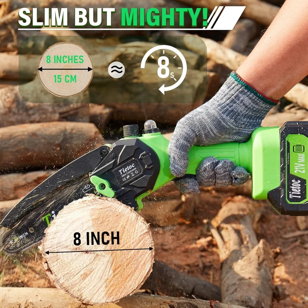 8インチコードレスミニチェーンソー、バッテリー2個付き、家庭や庭用の軽量ハンドヘルドソー