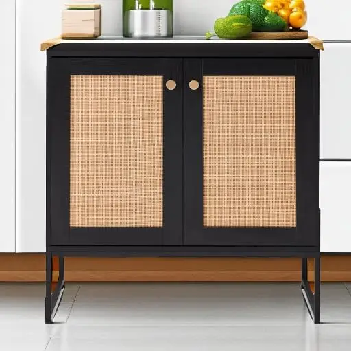 2-Door Rattan Storage Cabinet, Accent Furniture, Multifunctional Cupboard for Living Room, Hallway, Kitchen, Sideboard