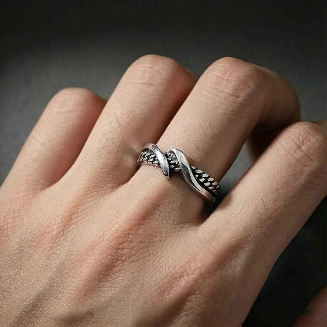 925 Chiba Light of Faith Open Ring Vintage Distressed Woven Band Unisex Niche Accessory