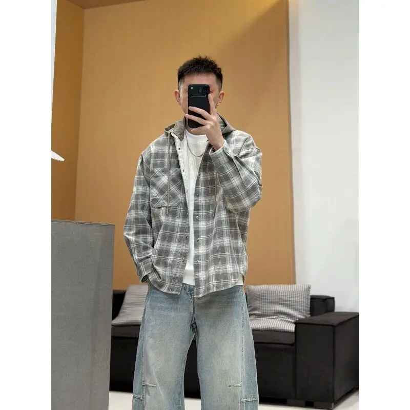 

Spring 2026 Men's Casual Long Sleeve Shirt with Detachable Hat Loose Fit Plaid Pattern Breathable Outerwear Jacket for Sport