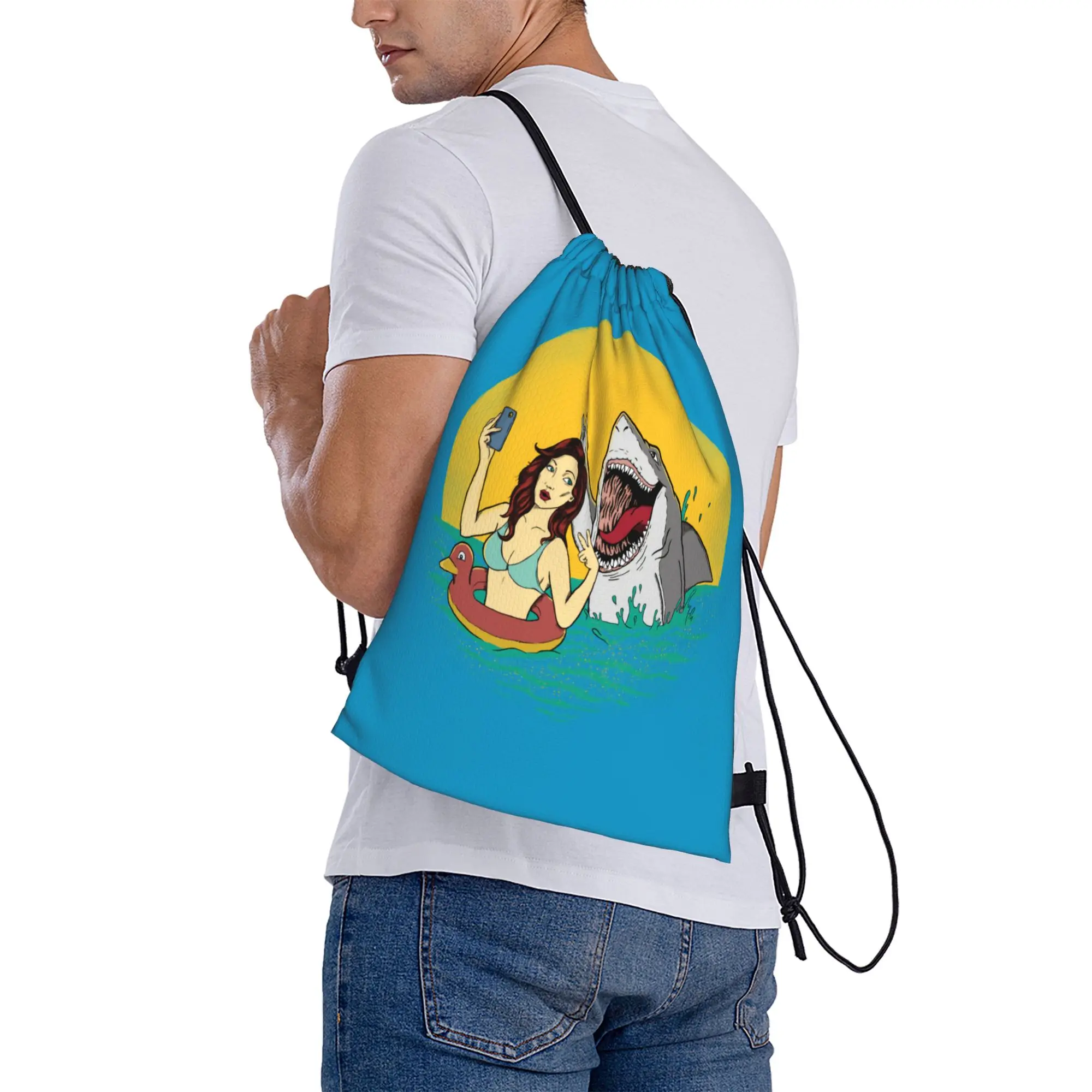 Custom Shark And Woman Drawstring Backpack Sports Gym Bag for Women Men  Shopping Sackpack view 6